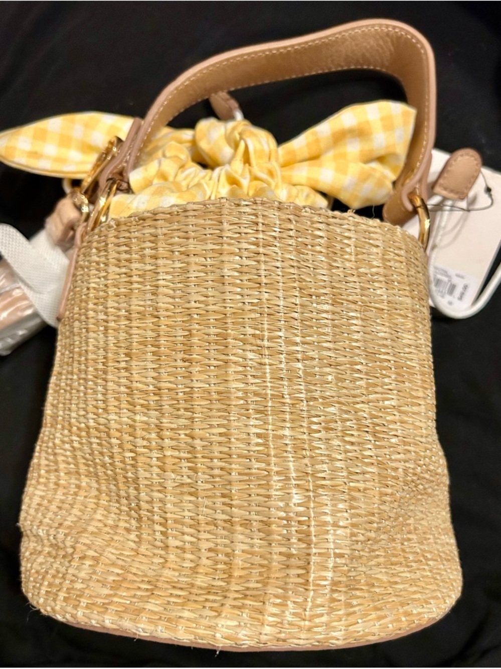 LC Lauren Conrad Yellow Gingham and Straw Drawstring  Crossbody-Small Bucket Bag